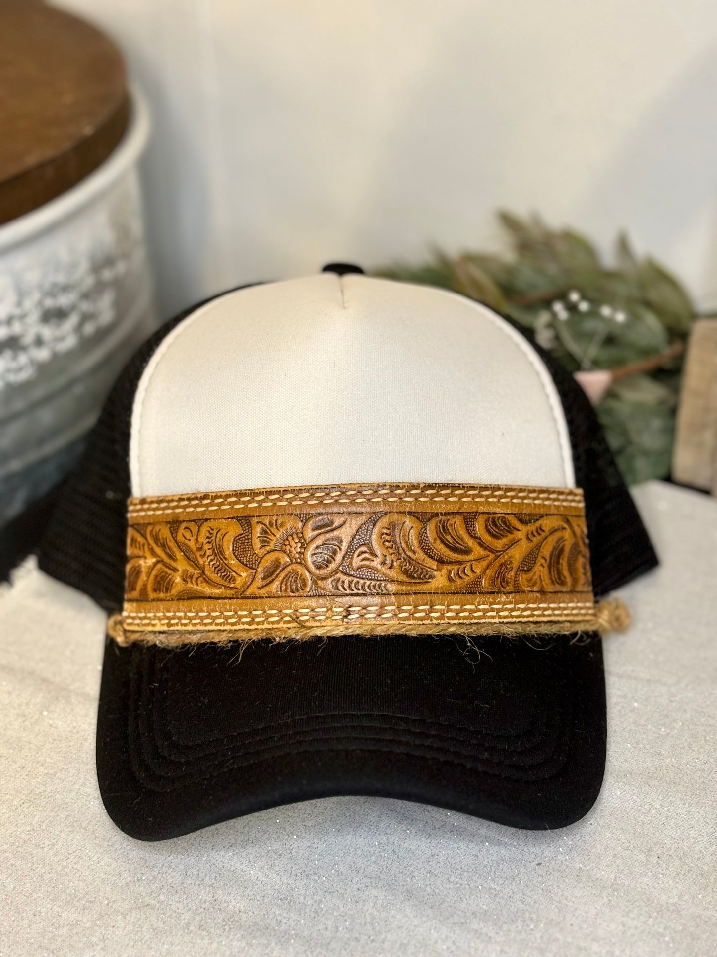 Tooled Leather Hat — White