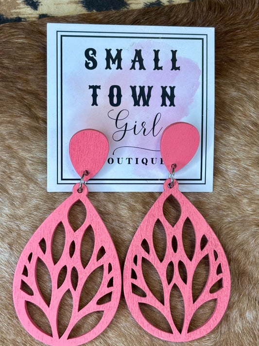 Wooden Teardrop Earrings — Light Pink