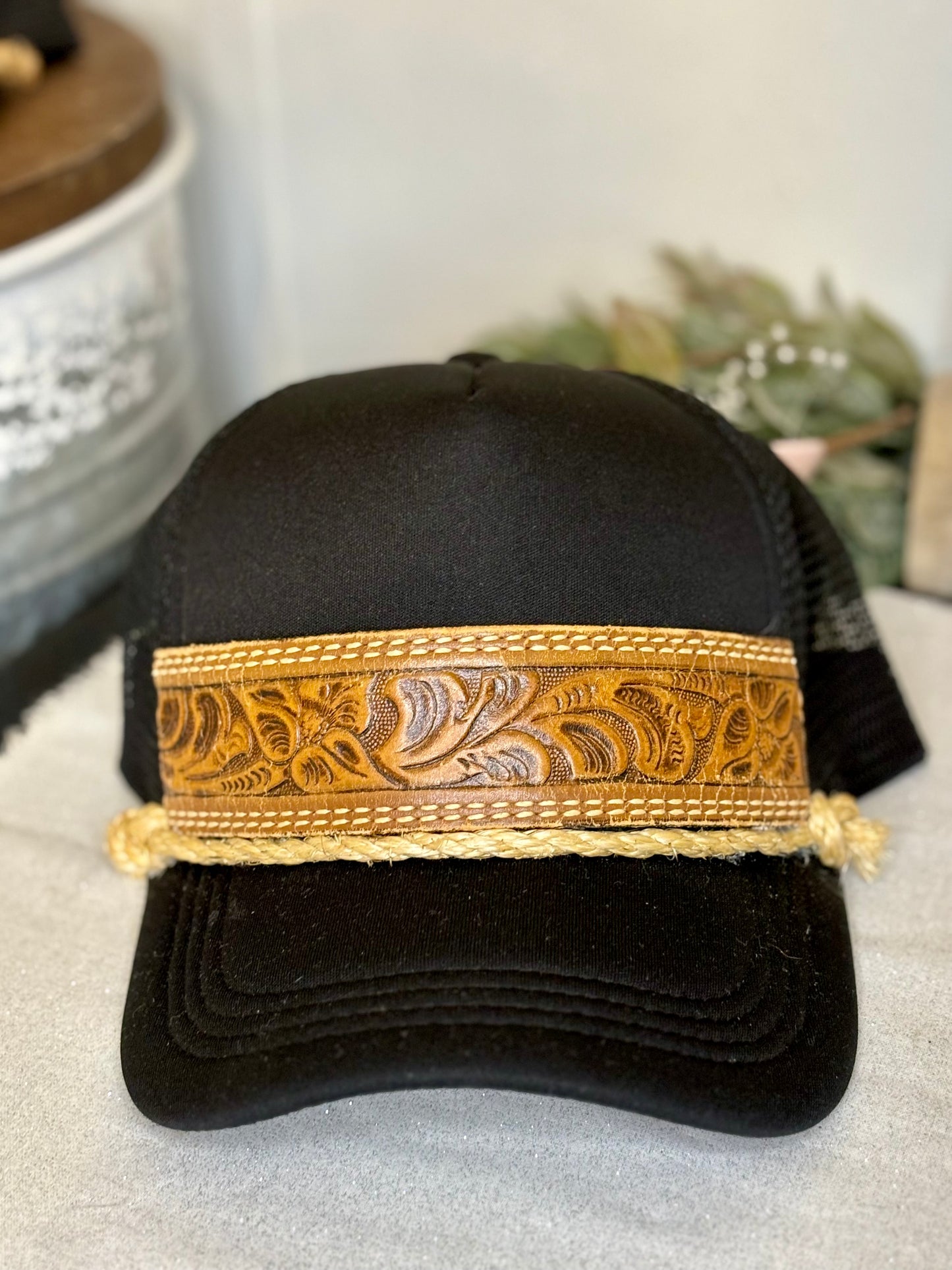 Tooled Leather Hat — Black