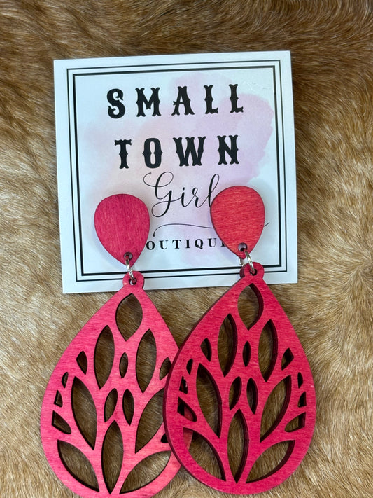 Wooden Teardrop Earrings — Dark Pink
