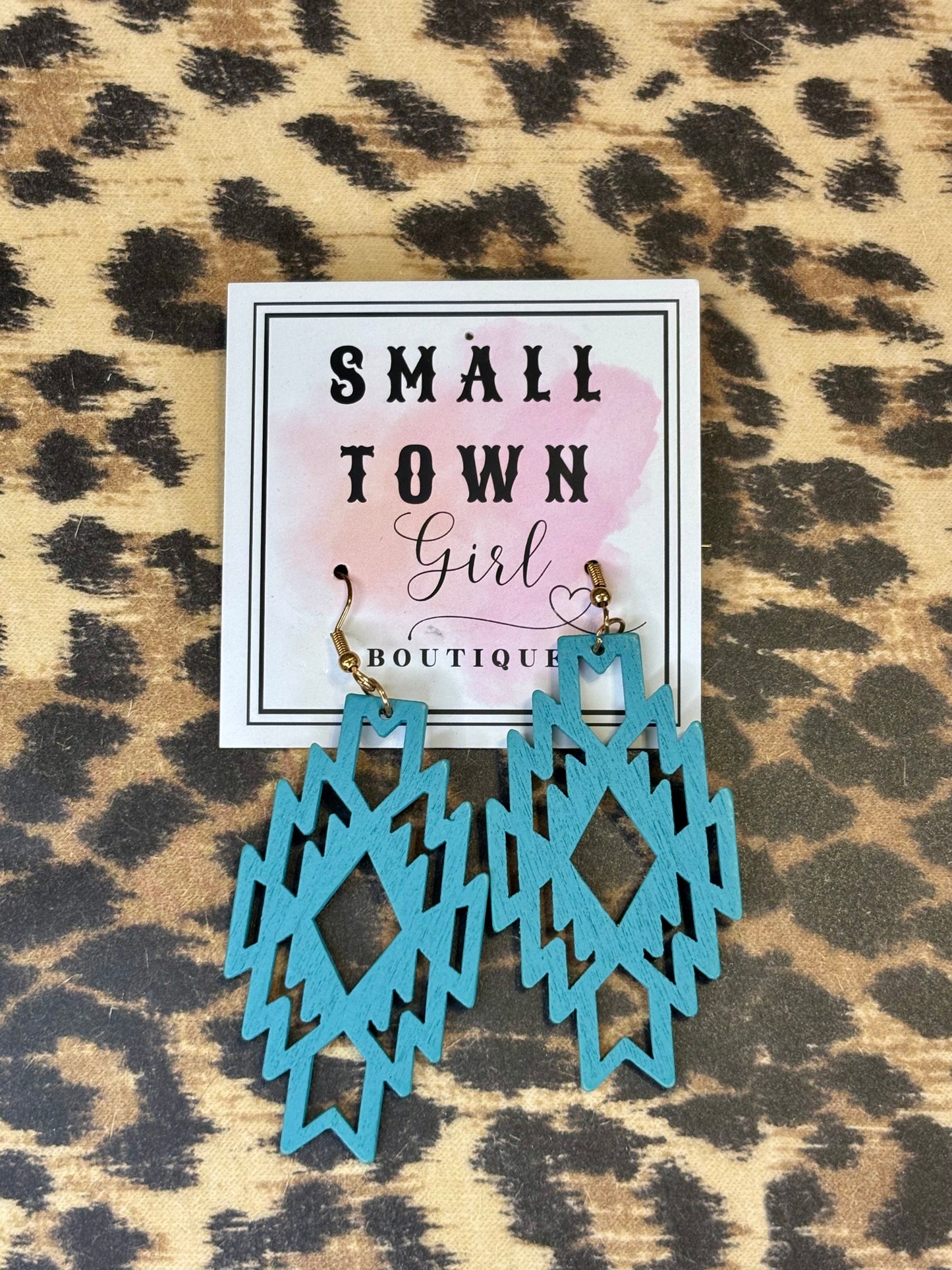 Wood Aztec Earrings— Turquoise