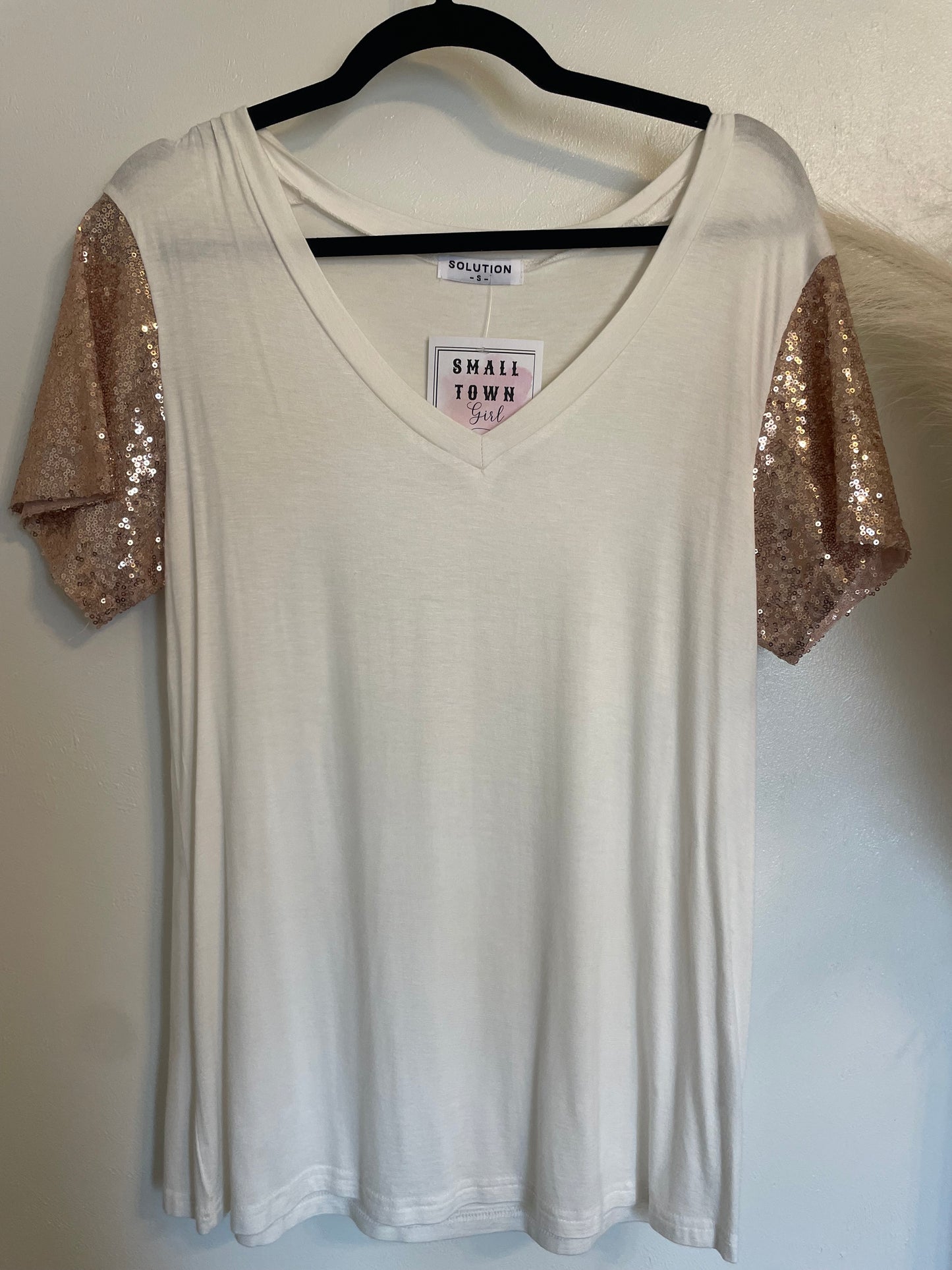 SALE | V Neck Sequin Sleeve Top | SMALL