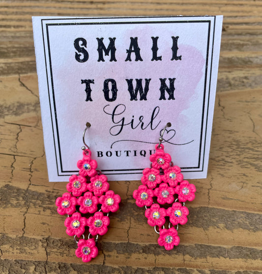 Hot Pink Flower Chandelier Earrings