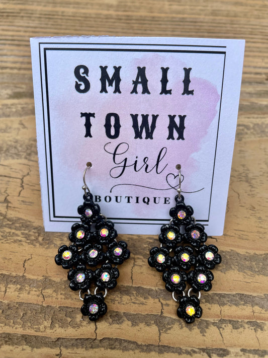 Black Flower Chandelier Earrings