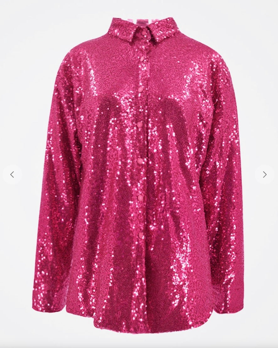 Hot Pink Collared Sequin Long Sleeve