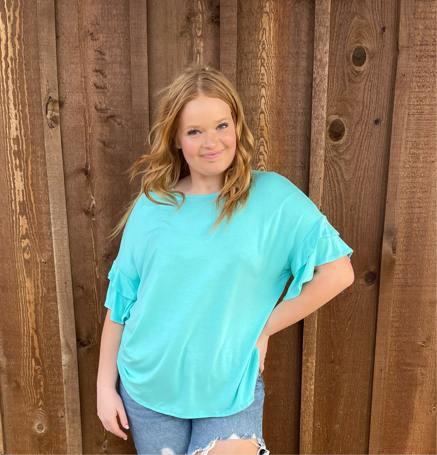 Turquoise Ruffle Sleeve Top