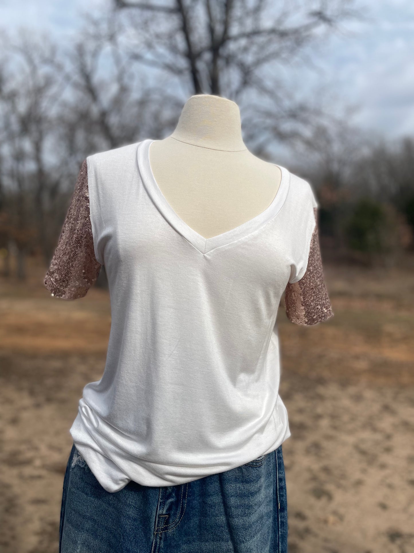 V Neck Sequin Sleeve Top