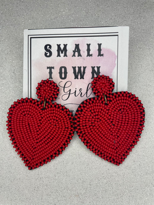 Beaded Red Heart Earrings