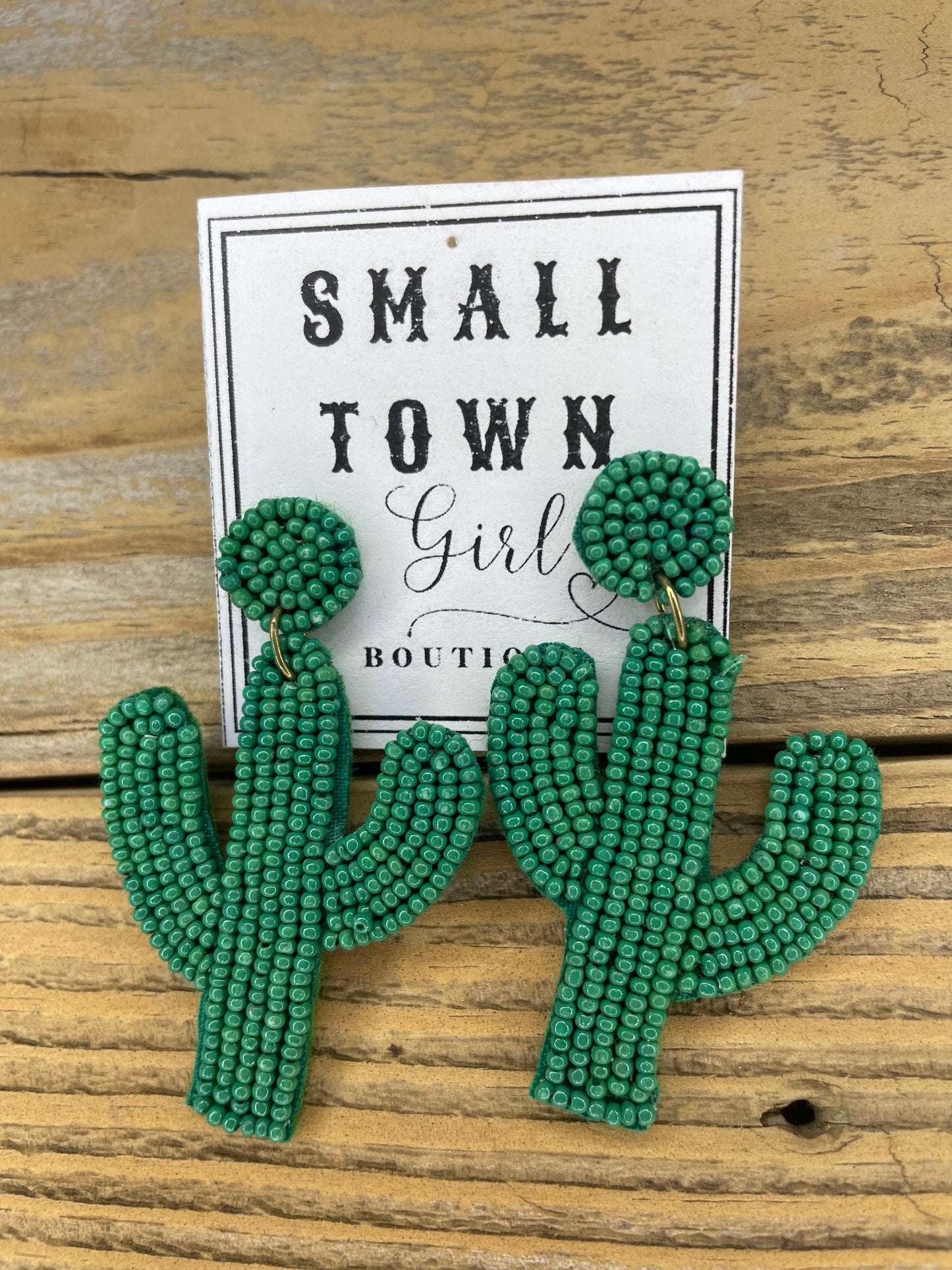 Dark Green Beaded Cactus Earrings