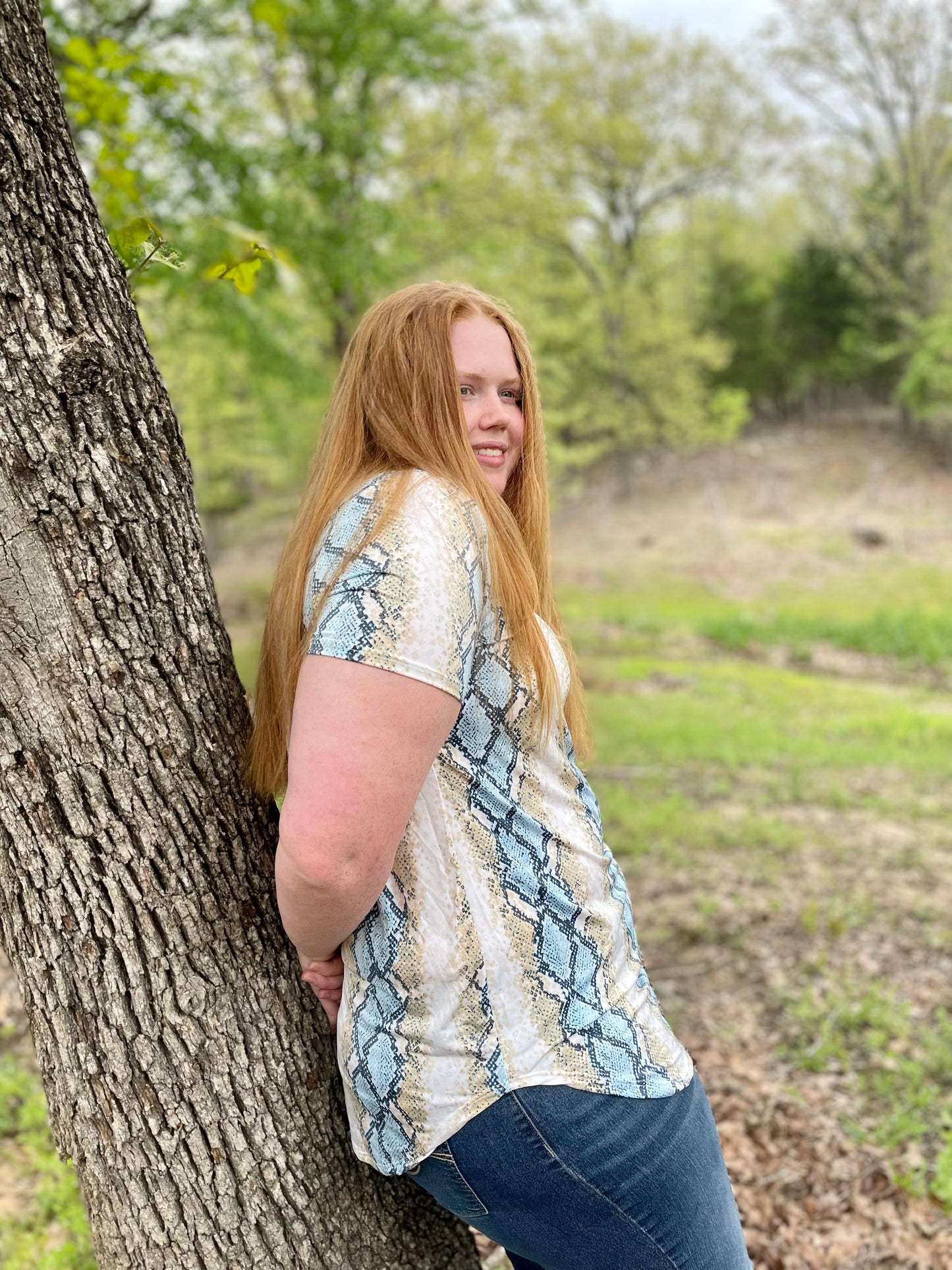 Tan and Blue Snake Print Top