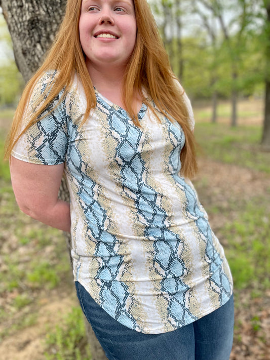 Tan and Blue Snake Print Top